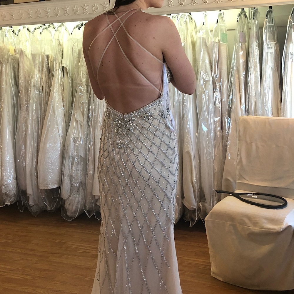Prom+Pagent Dress/ High end event wear-Jovani Nude/Silver Diamonds/Pearl beading